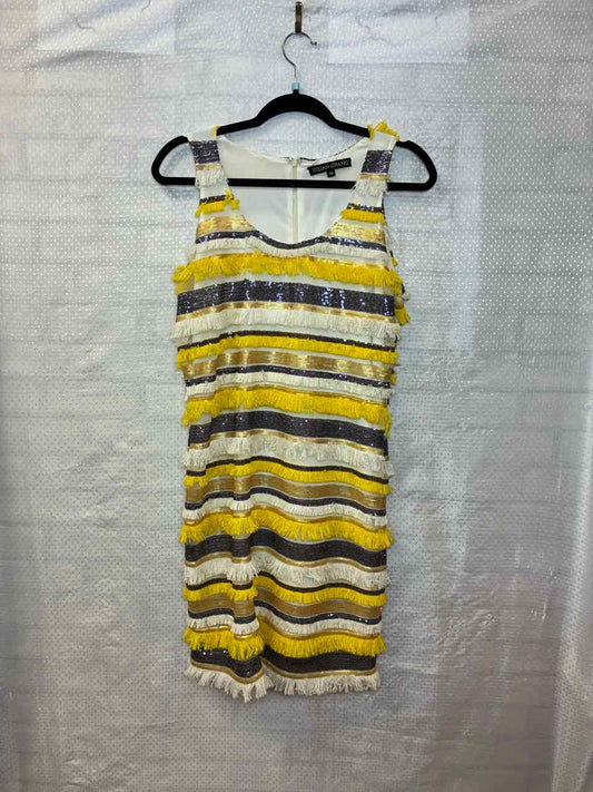 Julian Chang yellow and cream fringe with black and gold sequin Dress M