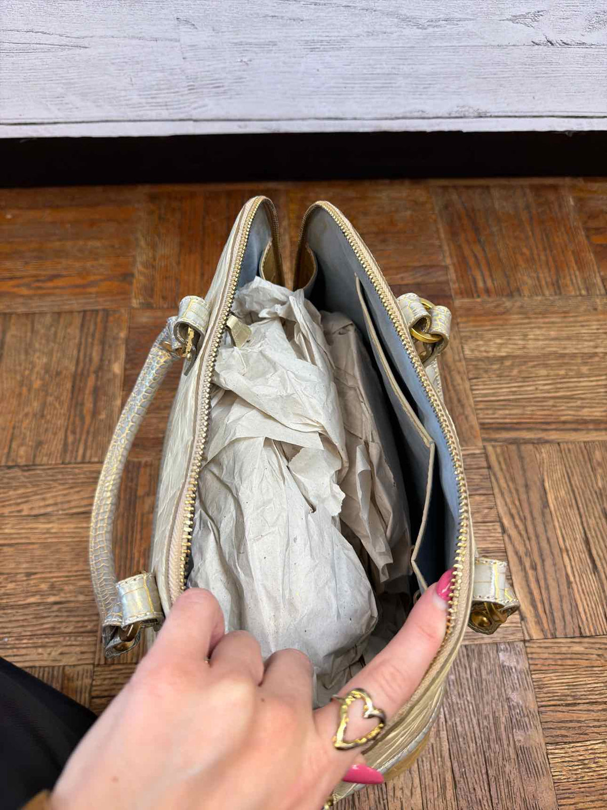 Brahmin cream and taupe croc embossed leather dome satchel