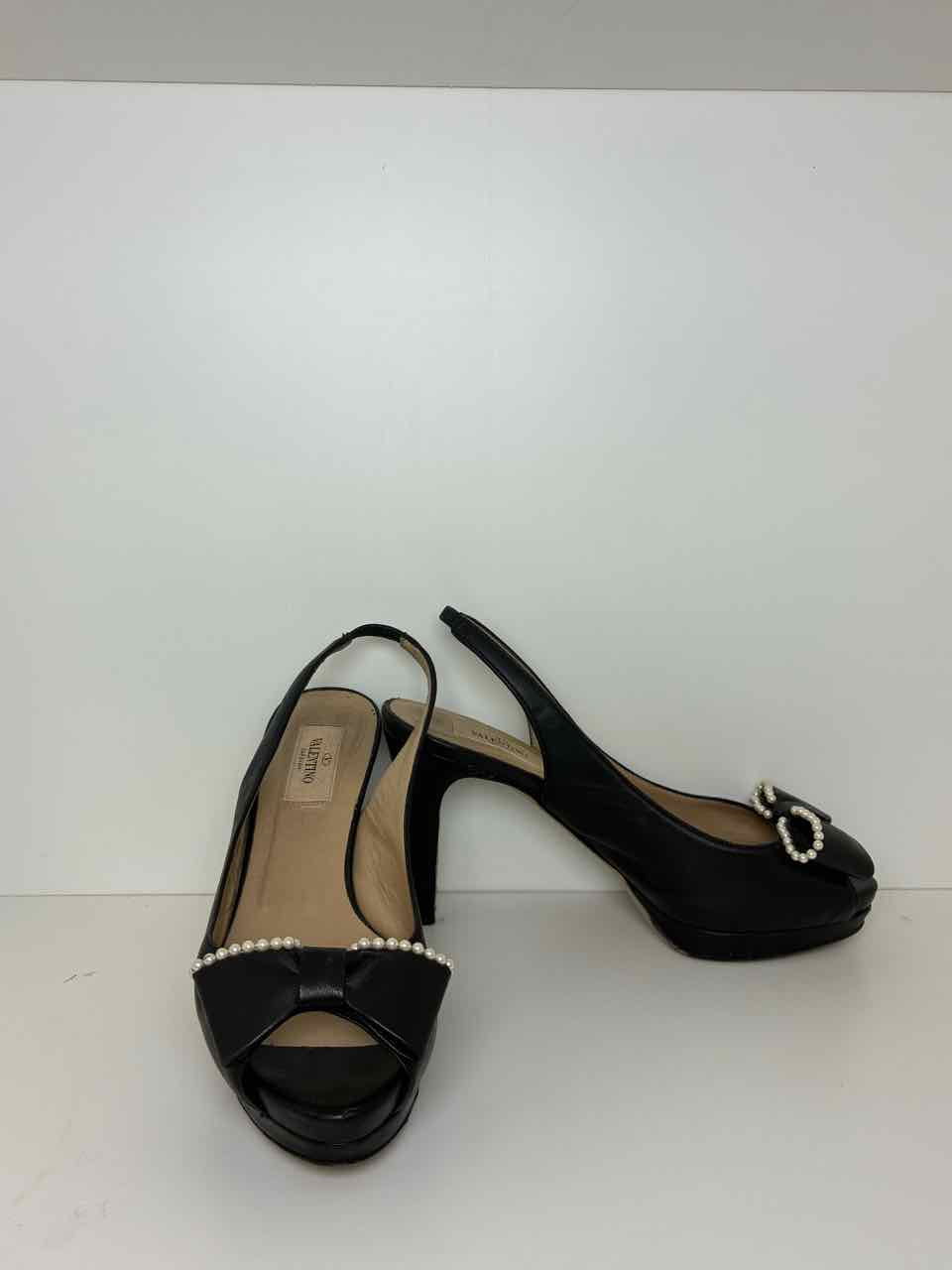 Valentino 37.5 Black Leather Faux Pearl Bow Peep-toe Platform Slingback Pumps