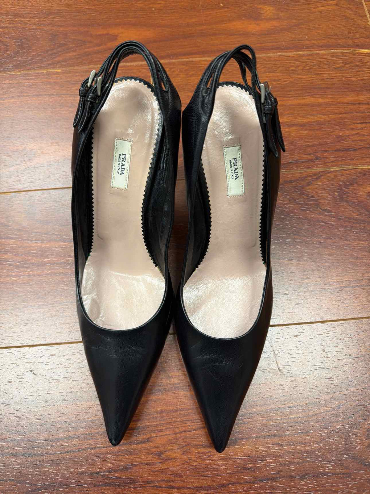 Prada black leather pointed toe slingback heels