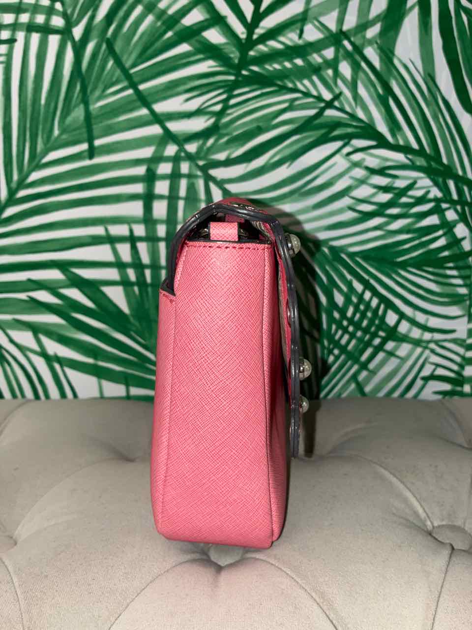 Karl Lagerfeld Pink Leather Crossbody Bag w/ Scalloped Flap and Faux Pearls
