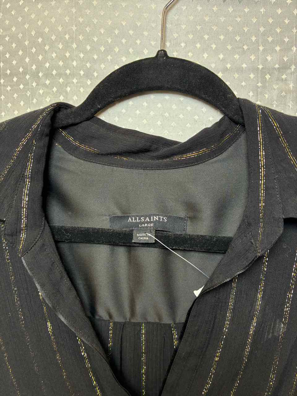 All Saints black and gold/silver stripe LS shirt L