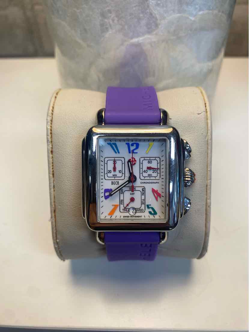 Michele Carousel Square Watch w/ Multicolor Numbers and Purple Silicone Strap