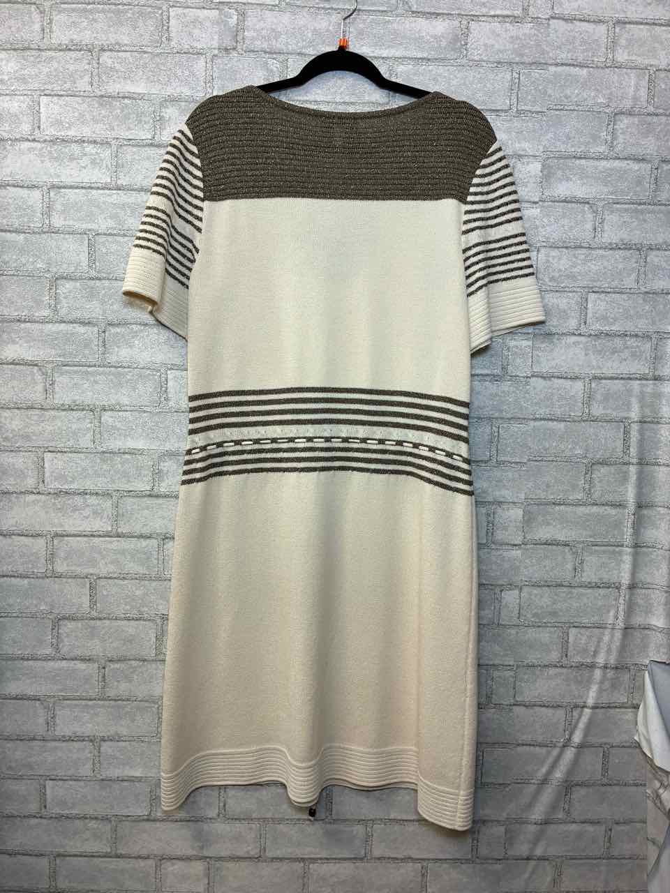 St. John Ivory & Taupe Dress w/ Beads and Tie L