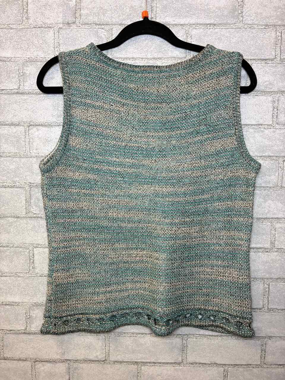 St.John Teal and White Knit Top with Open Circle Pattern at the bottom. Size M