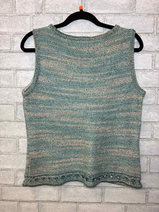 St.John Teal and White Knit Top with Open Circle Pattern at the bottom. Size M