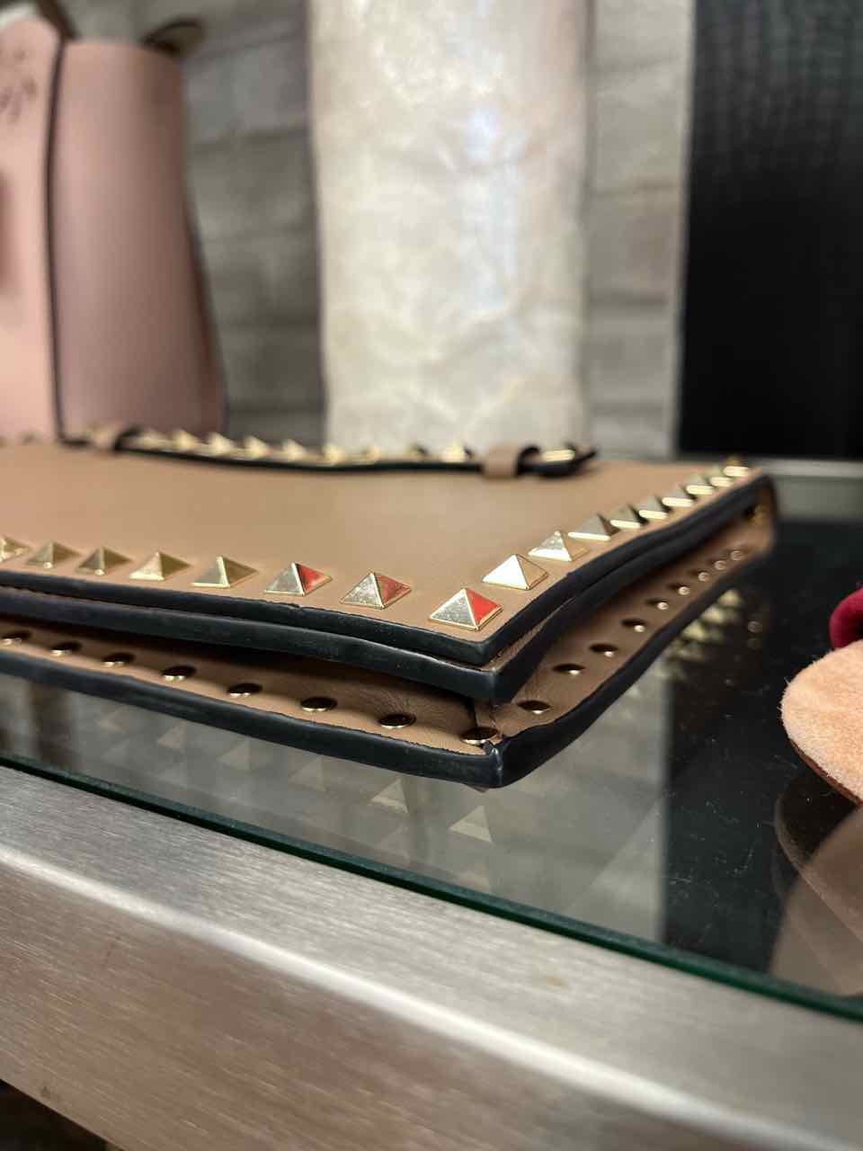 Valentino Garavani Beige Rockstud Foldover Clutch