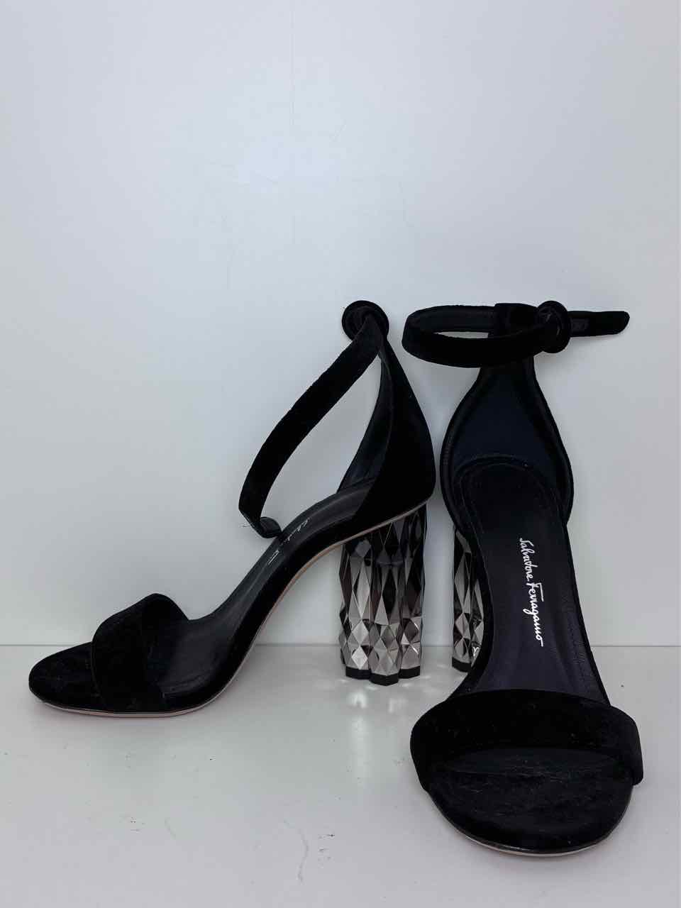 Ferragamo Black Velvet Size 9 Sandals w/ Metallic Refracted Heel    has dust bag