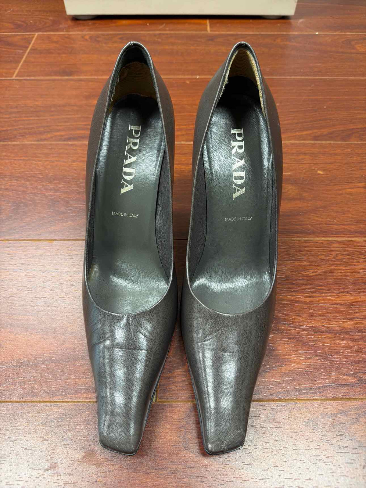 Gray Prada leather pointed pumps