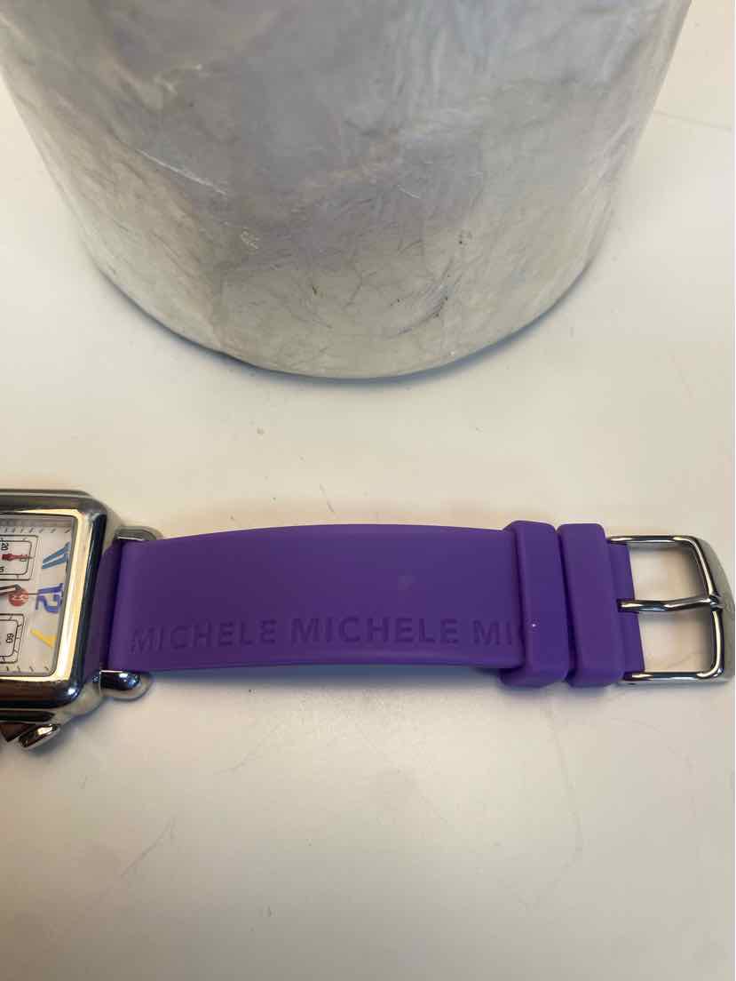 Michele Carousel Square Watch w/ Multicolor Numbers and Purple Silicone Strap