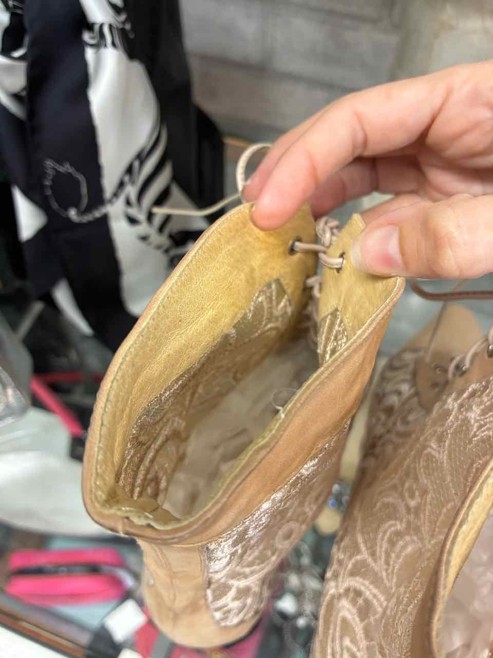 Dolly Duz Vintage Tan Leather and Sheer embroidered Lace Panels. Size 39