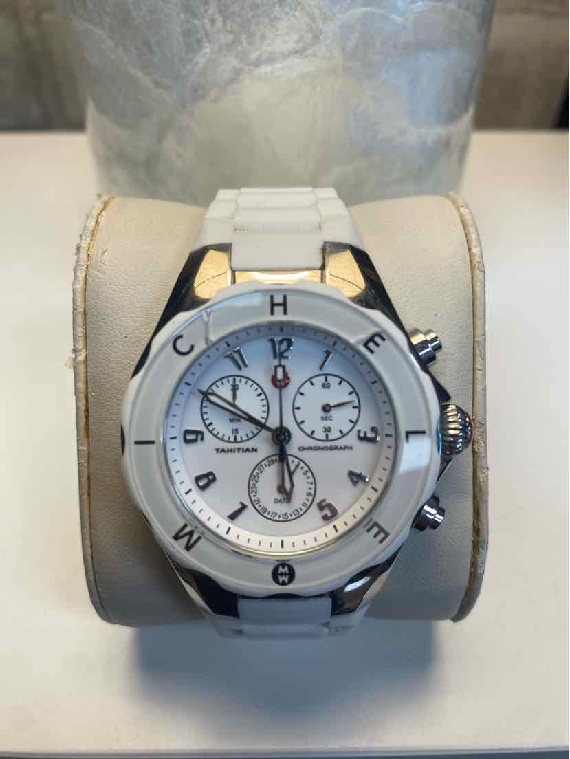 Michele Tahitian Jelly Bean Silver White Chronograph Watch w White Silicone Band