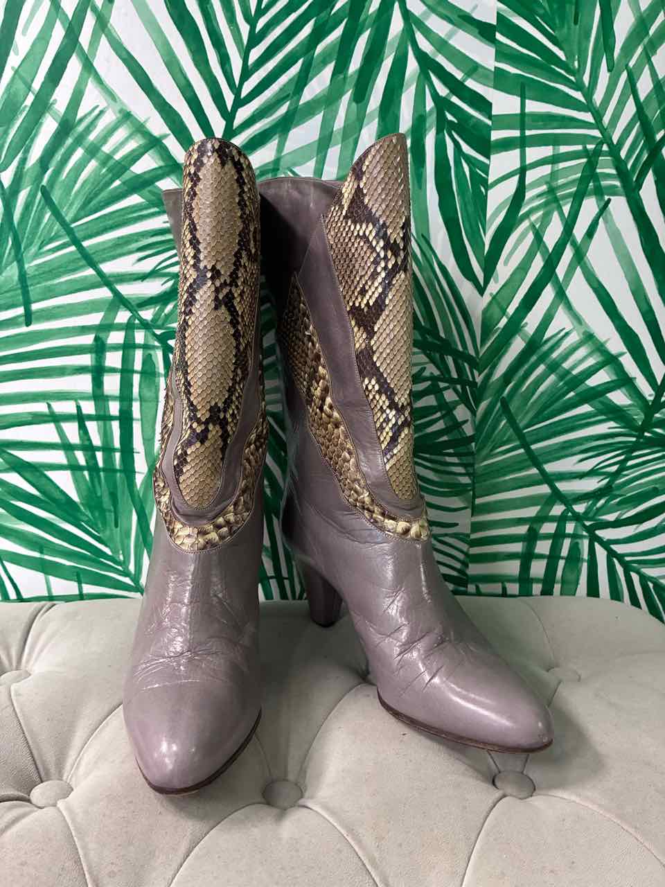 Vintage 1980's Bruno Magli Gray Leather w/ Snake Skin Boot Size 37